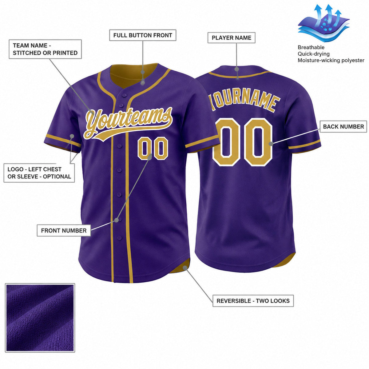 Custom Purple Button Down Reversible Baseball Jersey with Old Gold and White Lettering customization guide