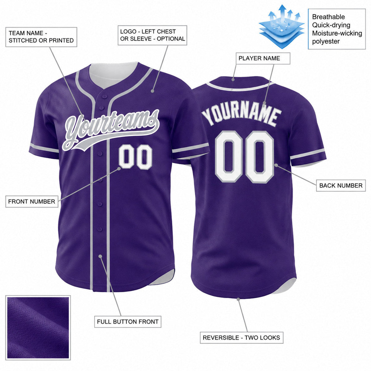 Custom Purple Button Down Reversible Baseball Jersey with White and Gray Lettering Design 1637 customization guide