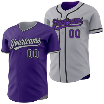 Custom Purple Button Down Reversible Baseball Jersey with Black and Gray Lettering