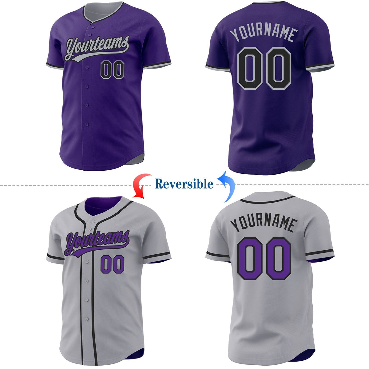 Custom Purple Black-Gray Reversible Button-Down Baseball Jersey photo 2