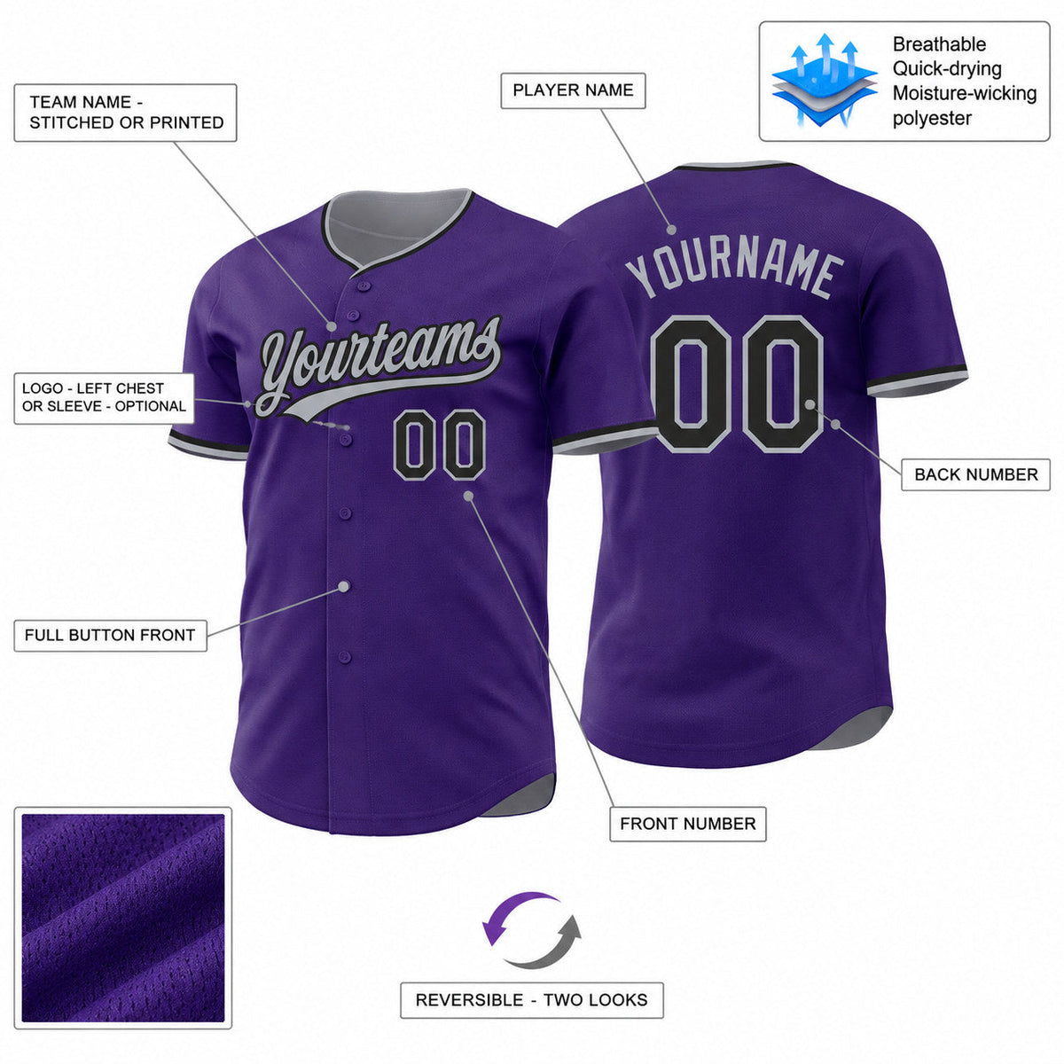 Custom Purple Button Down Reversible Baseball Jersey with Black and Gray Lettering customization guide