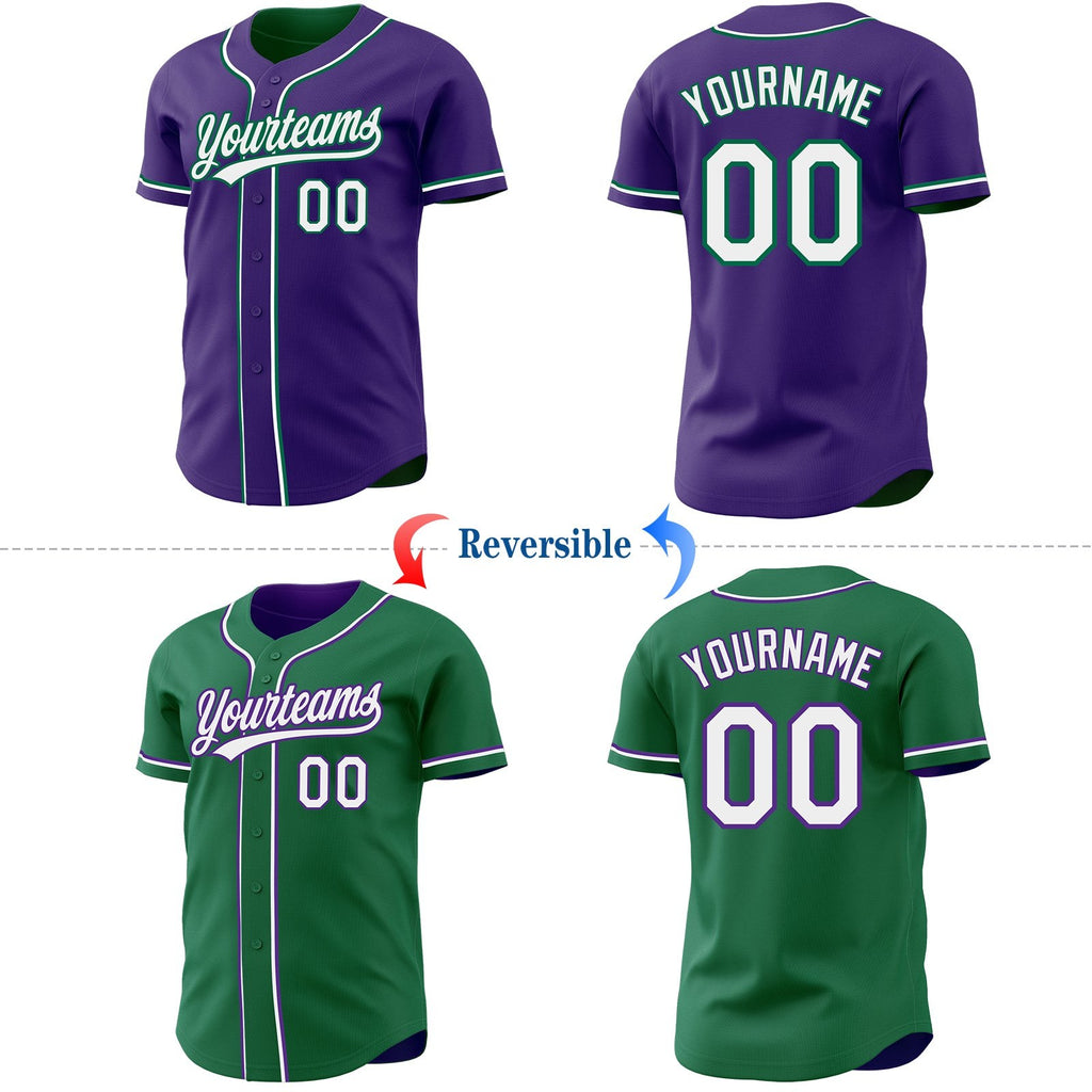 Custom Purple White-Kelly Green Reversible Button-Down Baseball Jersey photo 2
