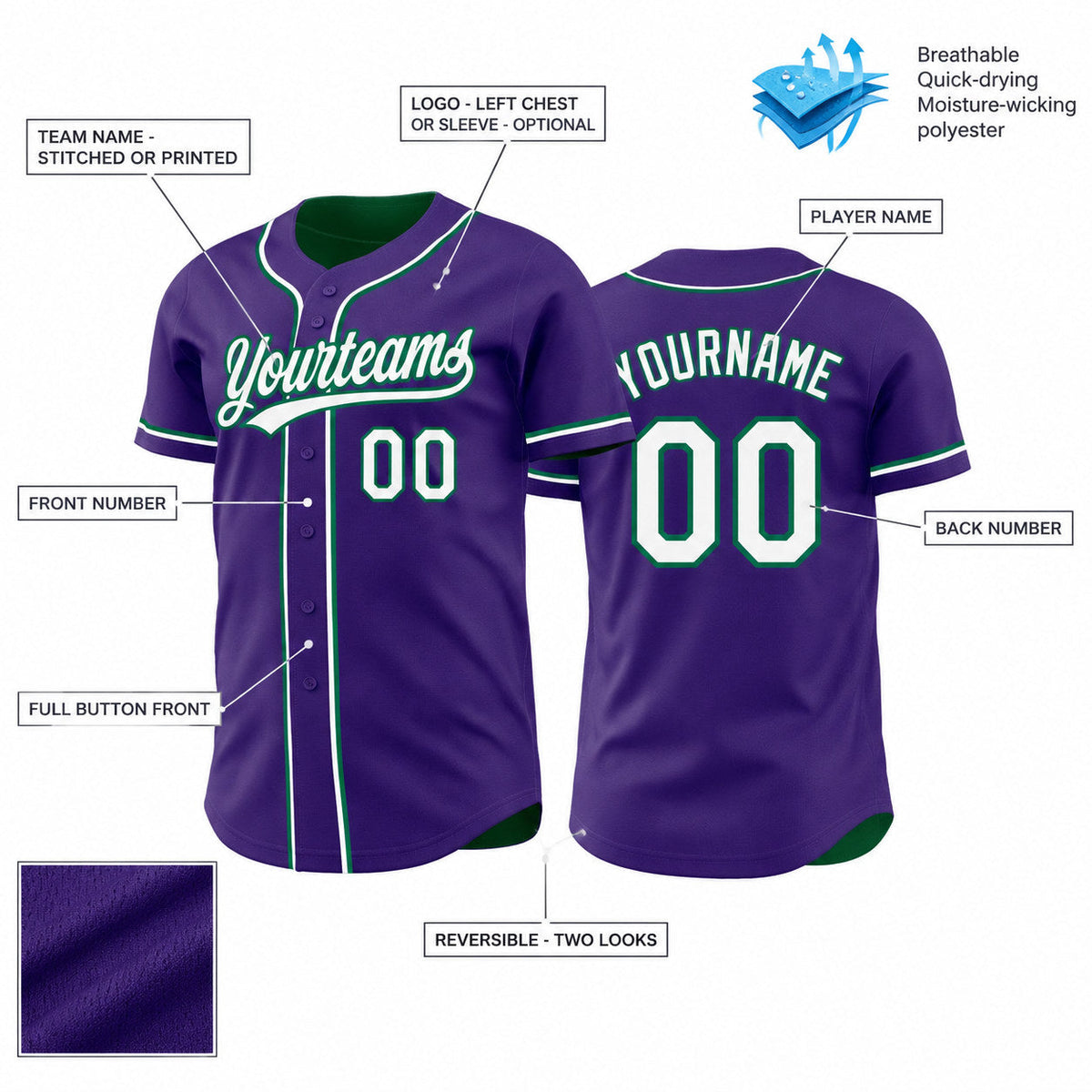 Custom Purple Button Down Reversible Baseball Jersey with White and Kelly Green Lettering customization guide