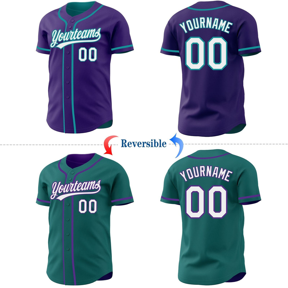 Custom Purple White-Teal Reversible Button-Down Baseball Jersey photo 2