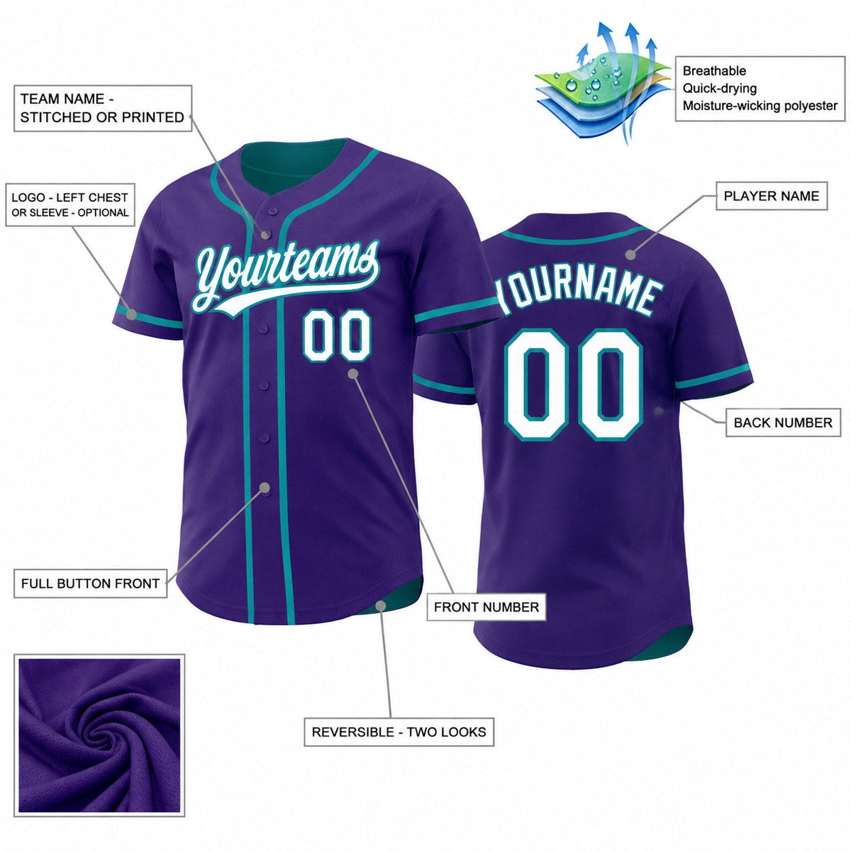 Custom Purple Button Down Reversible Baseball Jersey with White and Teal Lettering customization guide