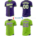 Custom Purple White-Neon Green Reversible Button-Down Baseball Jersey photo 2