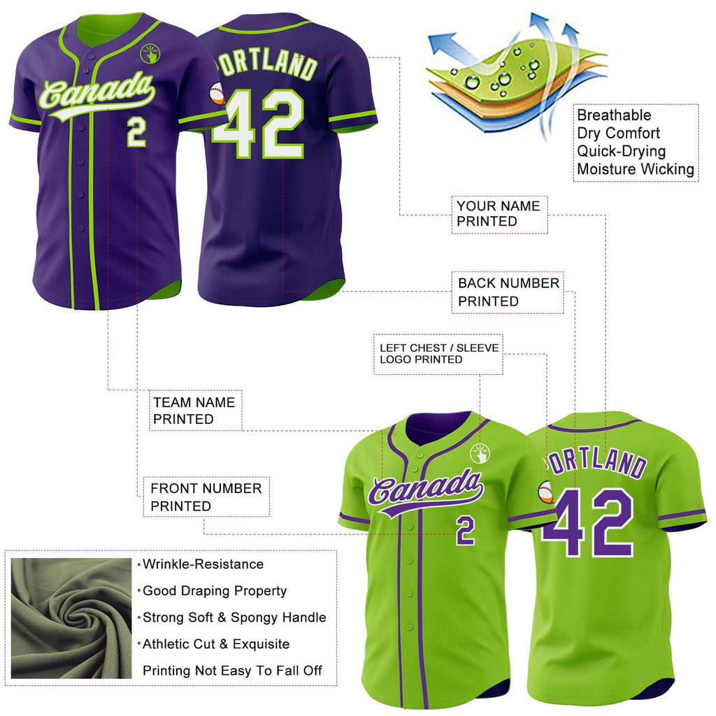 Custom Purple White-Neon Green Reversible Button-Down Baseball Jersey photo 5