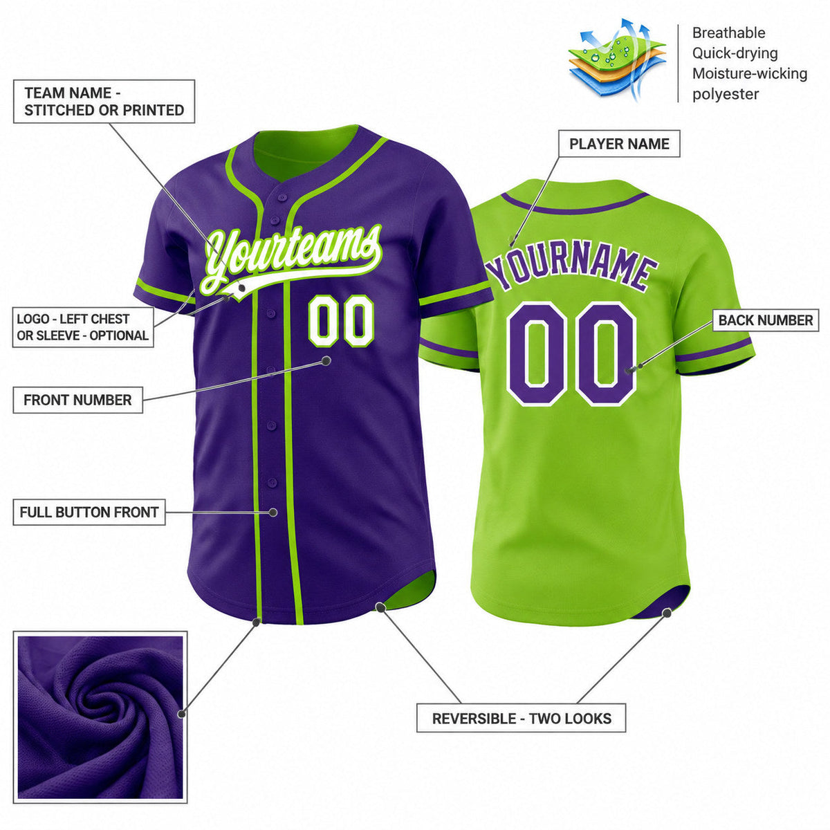 Custom Purple Button Down Reversible Baseball Jersey with White and Neon Green Lettering customization guide