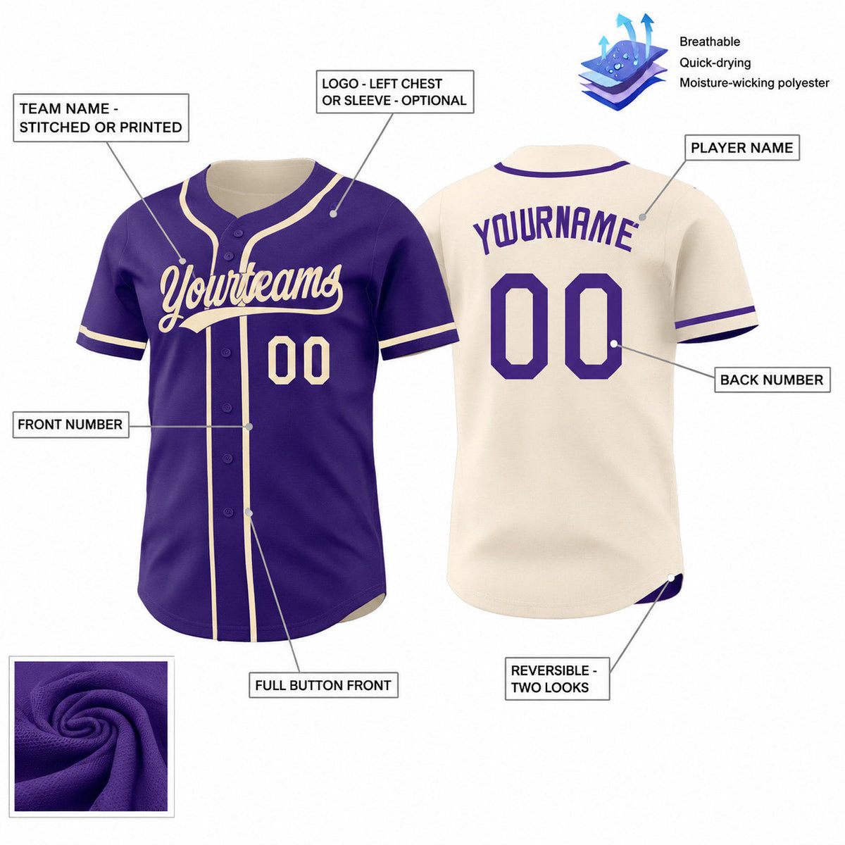 Custom Purple and Cream Button Down Reversible Baseball Jersey customization guide