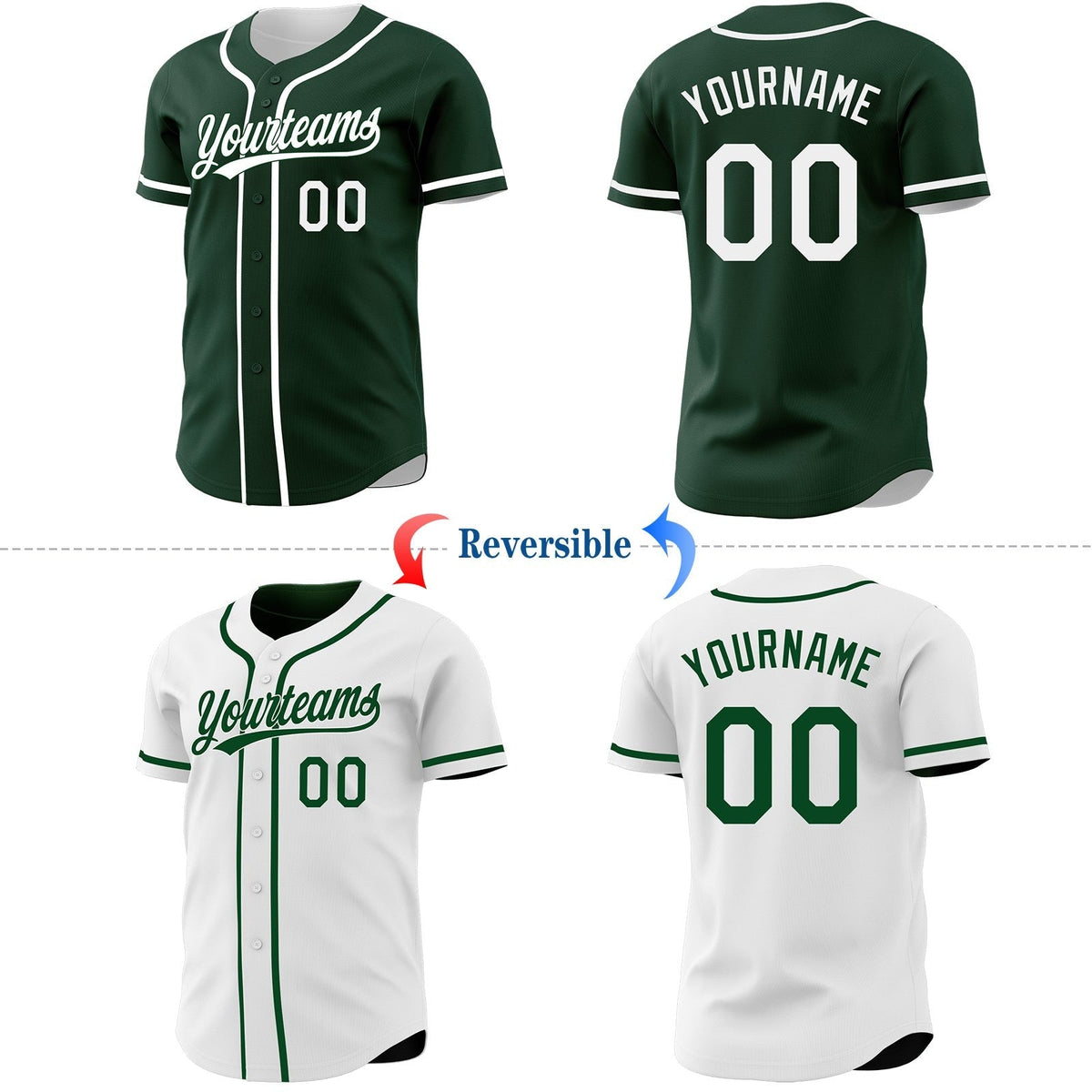 Custom Green-White Reversible Button-Down Baseball Jersey photo 2