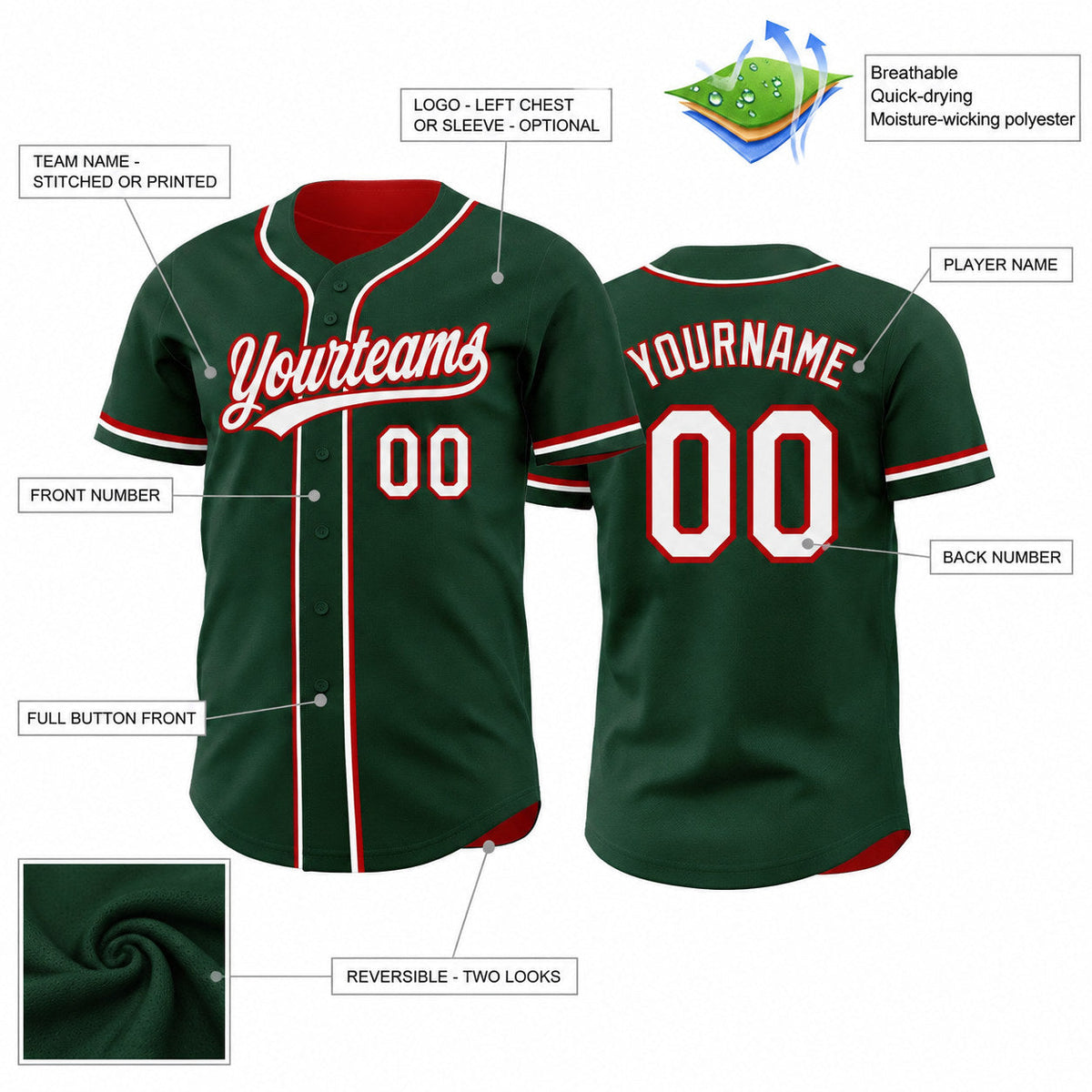 Custom Green Button Down Reversible Baseball Jersey with White and Red Lettering Design 1648 customization guide