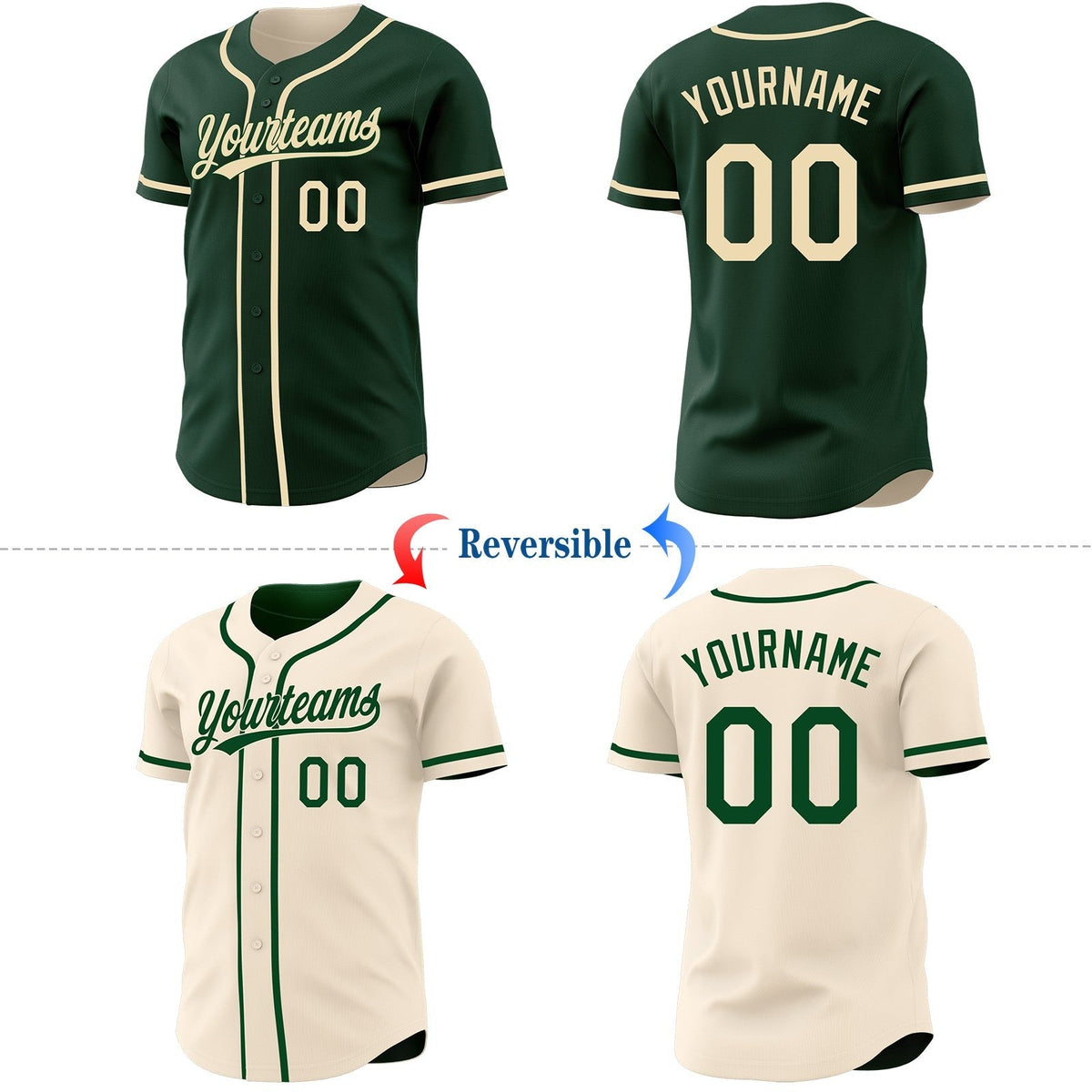 Custom Green-Cream Reversible Button-Down Baseball Jersey photo 2