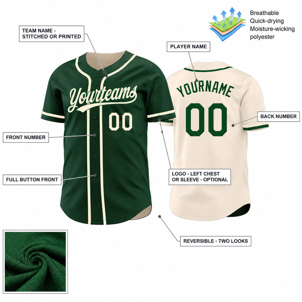 Custom Green and Cream Button Down Reversible Baseball Jersey customization guide
