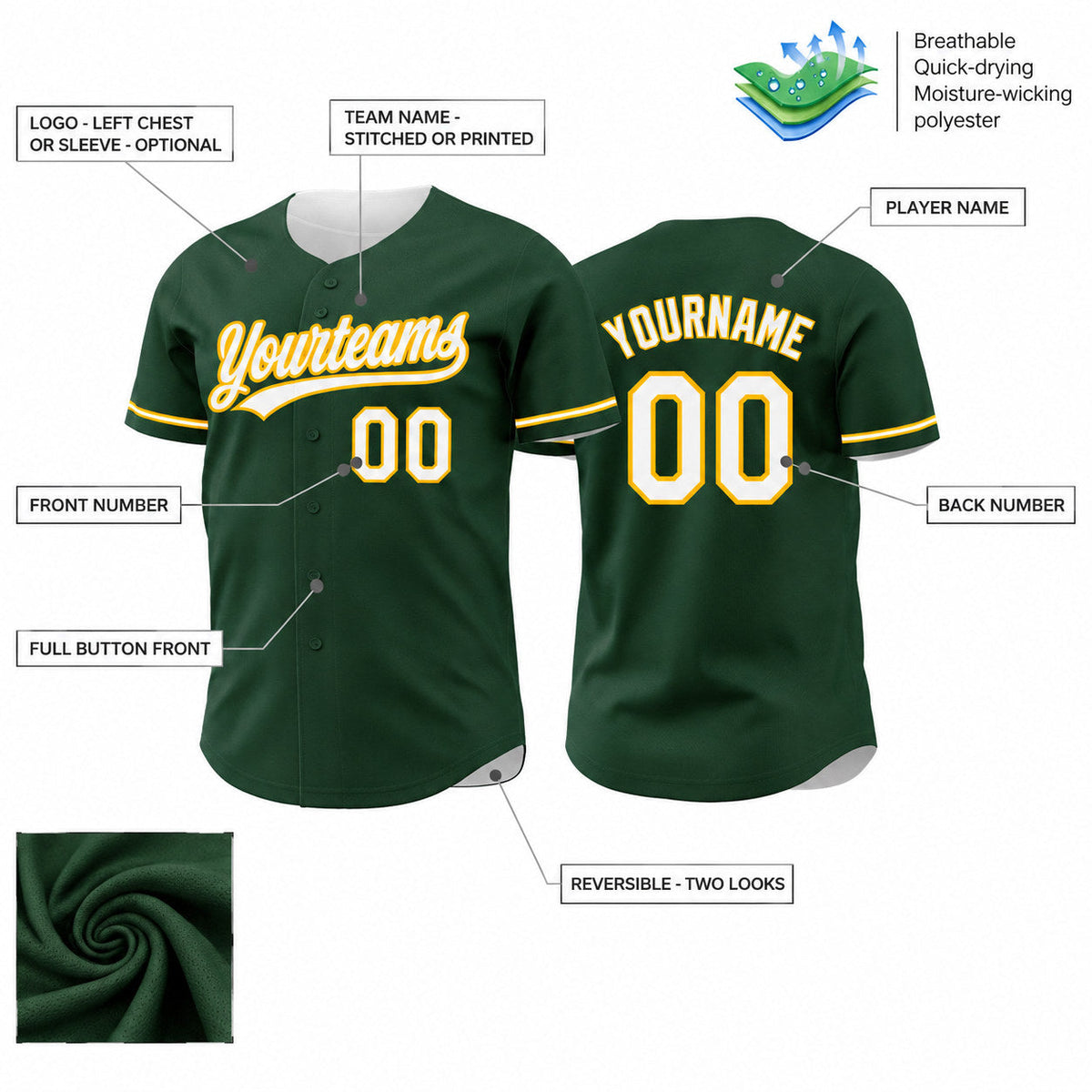 Custom Green Button Down Reversible Baseball Jersey with White and Gold Lettering Design 1651 customization guide