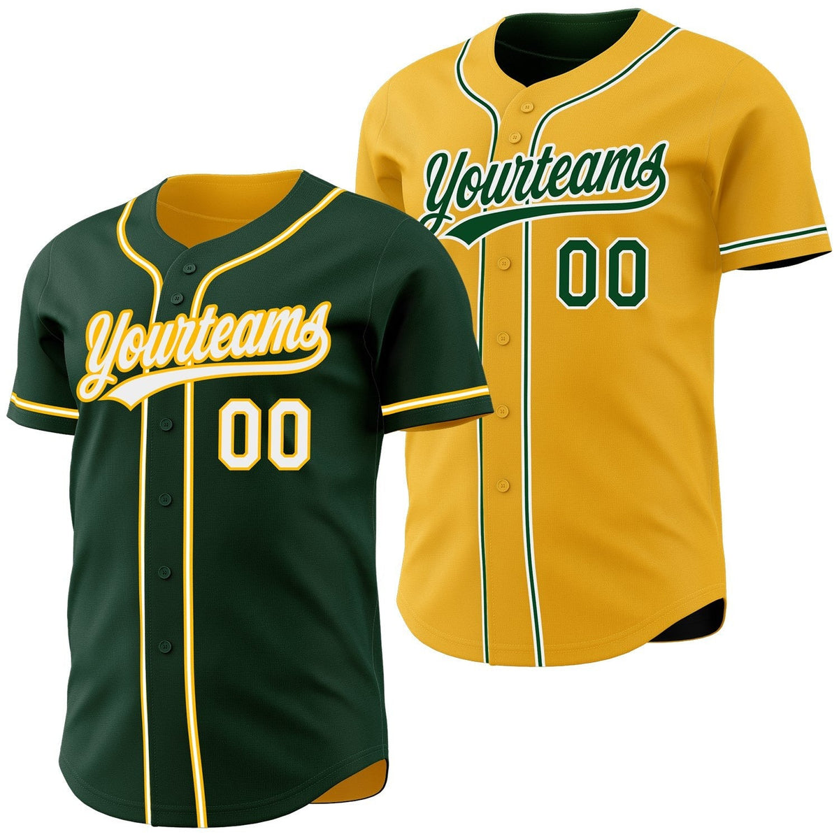 Custom Green White-Gold Reversible Button-Down Baseball Jersey