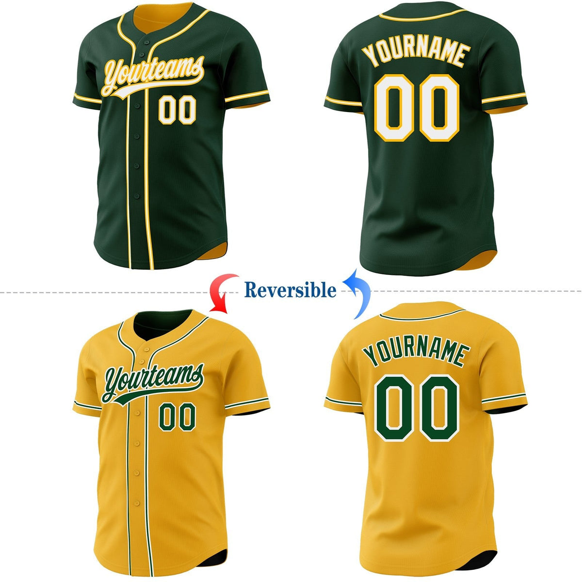 Custom Green White-Gold Reversible Button-Down Baseball Jersey photo 2