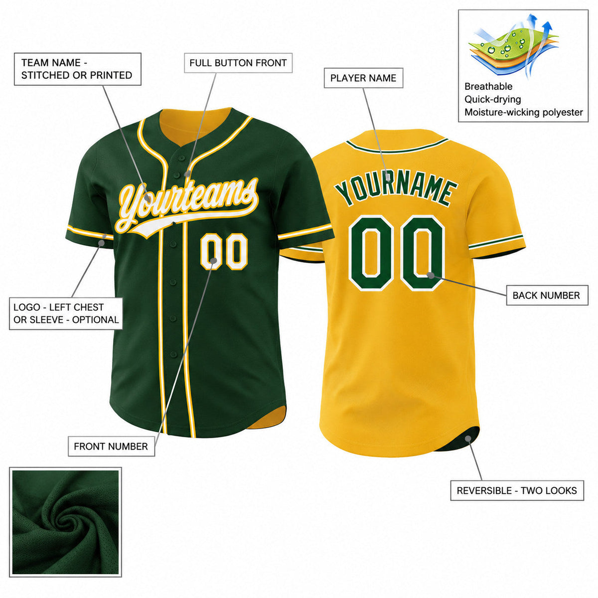 Custom Green Button Down Reversible Baseball Jersey with White and Gold Lettering Design 1652 customization guide