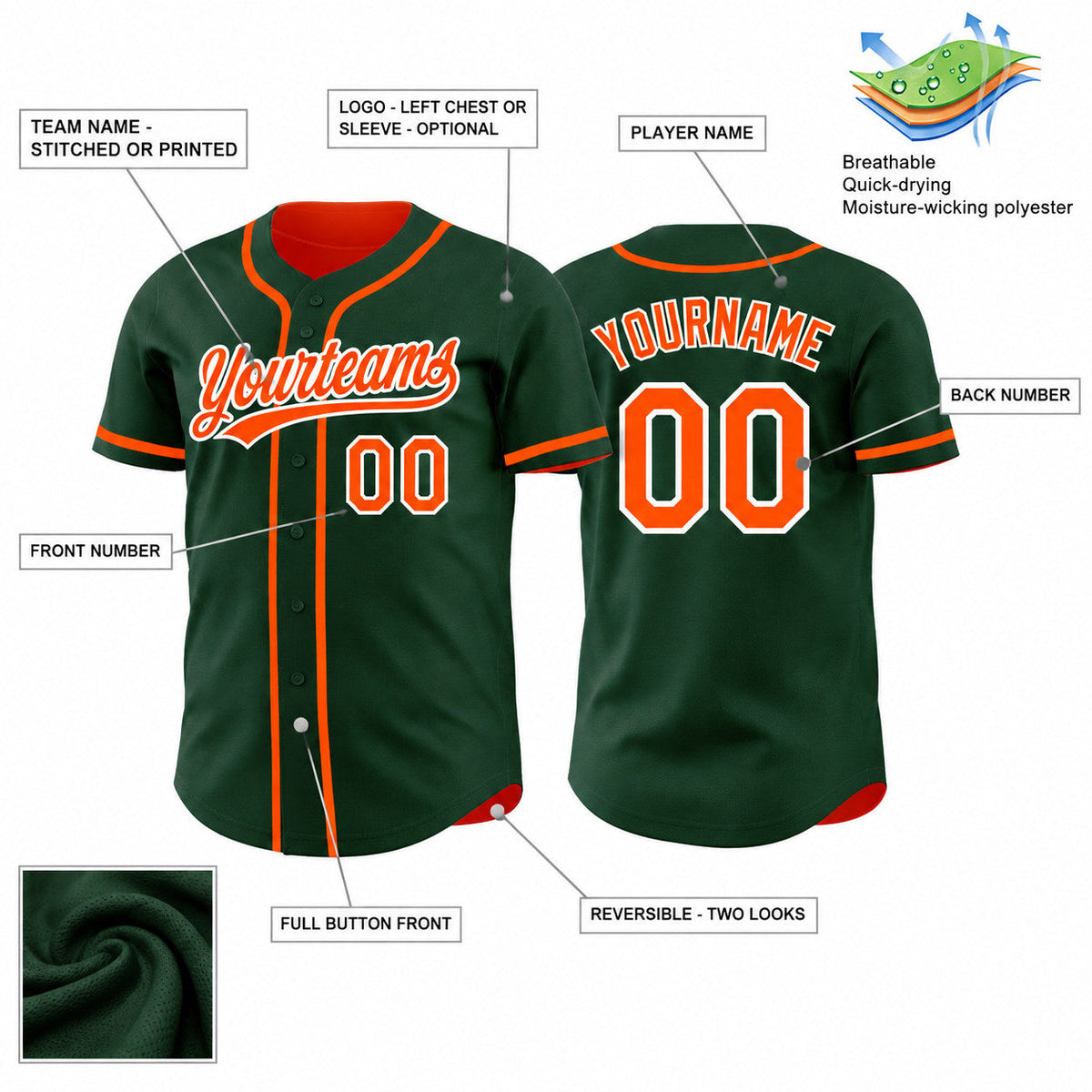 Custom Green Button Down Reversible Baseball Jersey with Orange and White Lettering Design 1654 customization guide