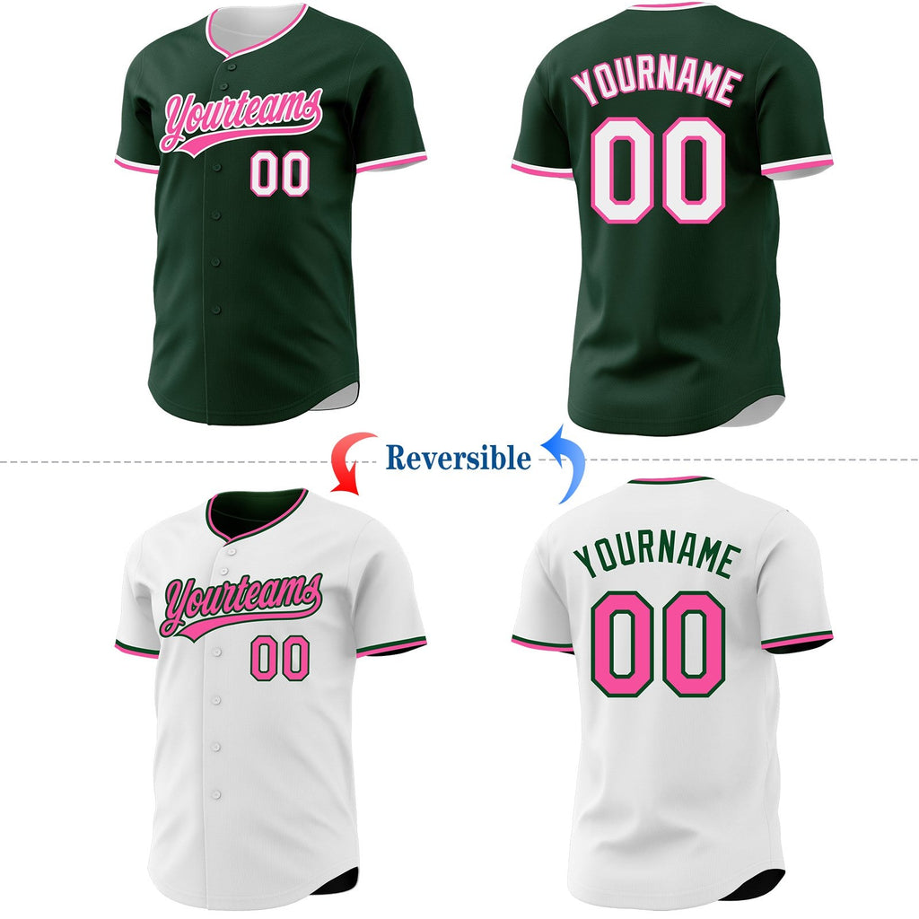 Custom Green White-Pink Reversible Button-Down Baseball Jersey photo 2