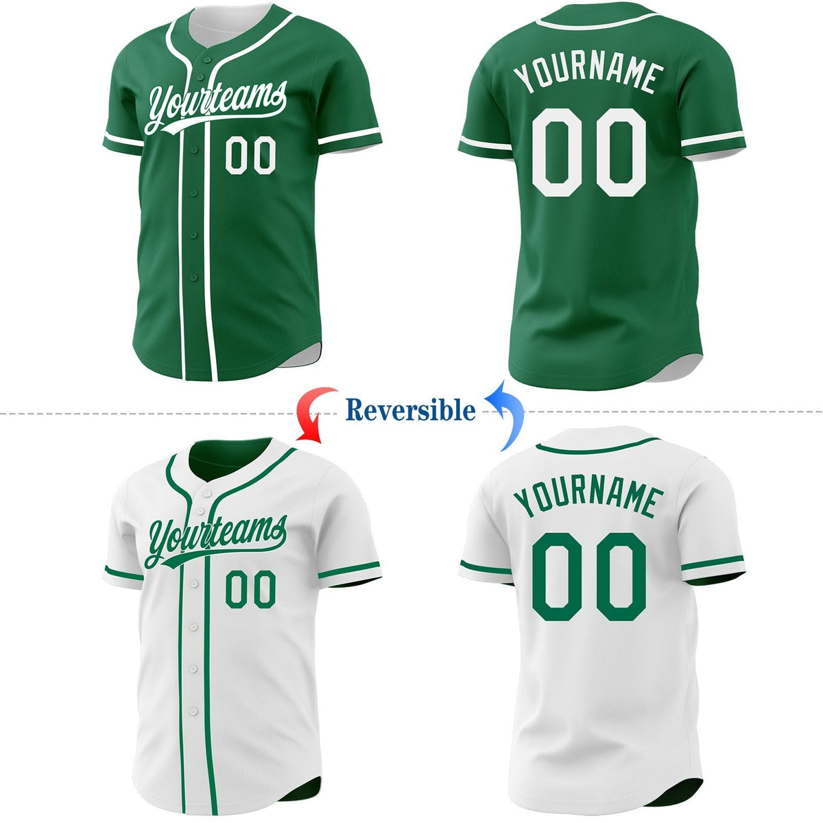Custom Kelly Green-White Reversible Button-Down Baseball Jersey photo 2
