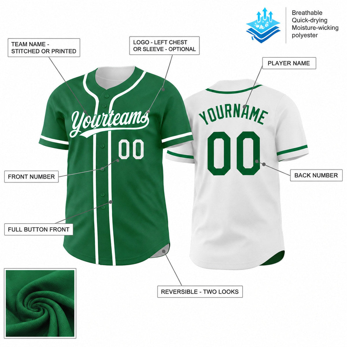 Custom Kelly Green and White Button Down Reversible Baseball Jersey customization guide
