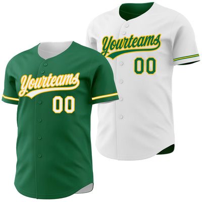 Custom Kelly Green Button Down Reversible Baseball Jersey with White and Gold Lettering Design 1659