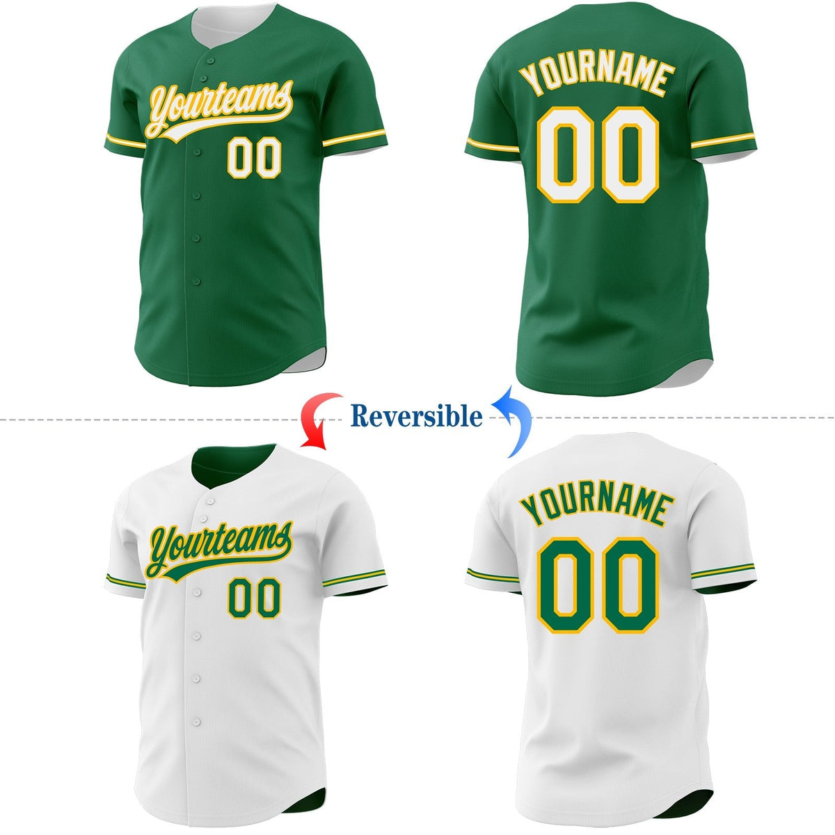 Custom Kelly Green White-Gold Reversible Button-Down Baseball Jersey photo 2