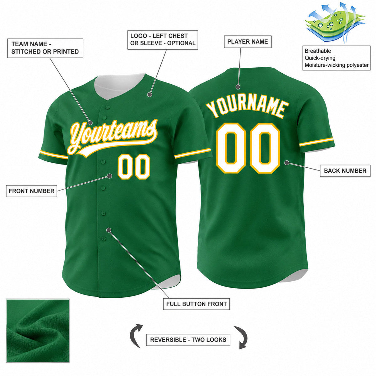 Custom Kelly Green Button Down Reversible Baseball Jersey with White and Gold Lettering Design 1659 customization guide