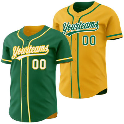 Custom Kelly Green Button Down Reversible Baseball Jersey with White and Gold Lettering Design 1660