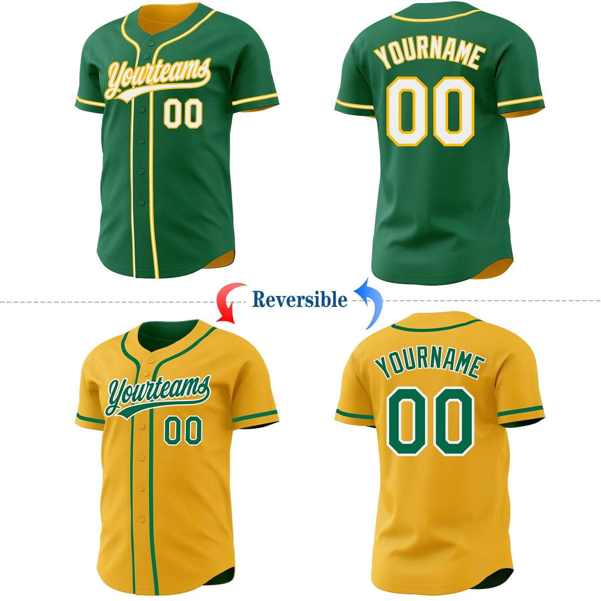 Custom Kelly Green White-Gold Reversible Button-Down Baseball Jersey photo 2