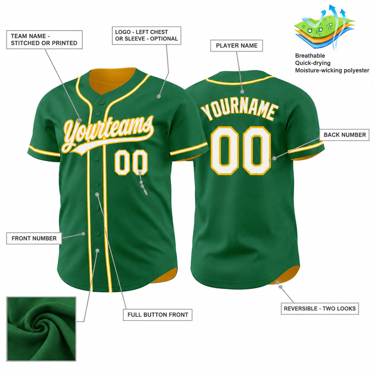 Custom Kelly Green Button Down Reversible Baseball Jersey with White and Gold Lettering Design 1660 customization guide