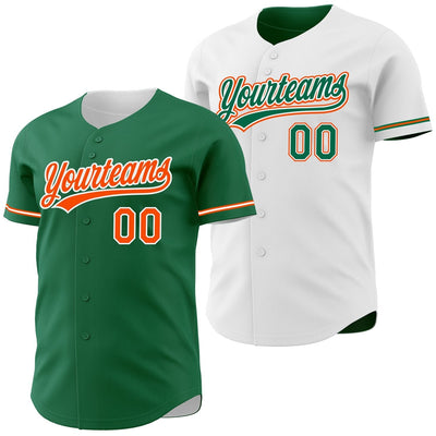 Custom Kelly Green Button Down Reversible Baseball Jersey with Orange and White Lettering