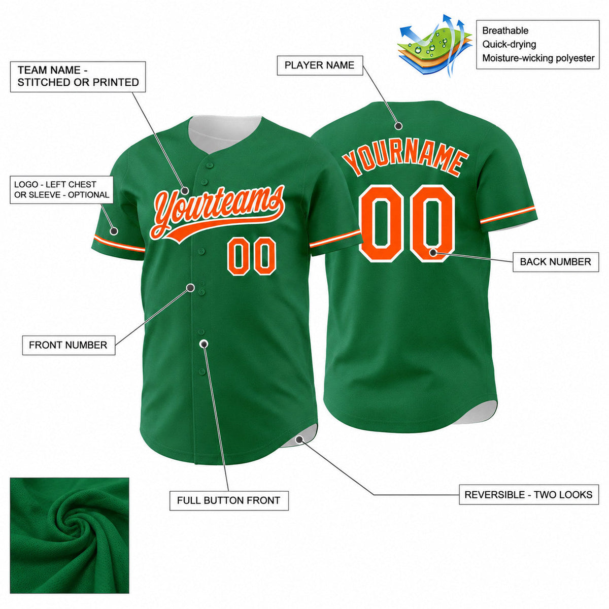 Custom Kelly Green Button Down Reversible Baseball Jersey with Orange and White Lettering customization guide