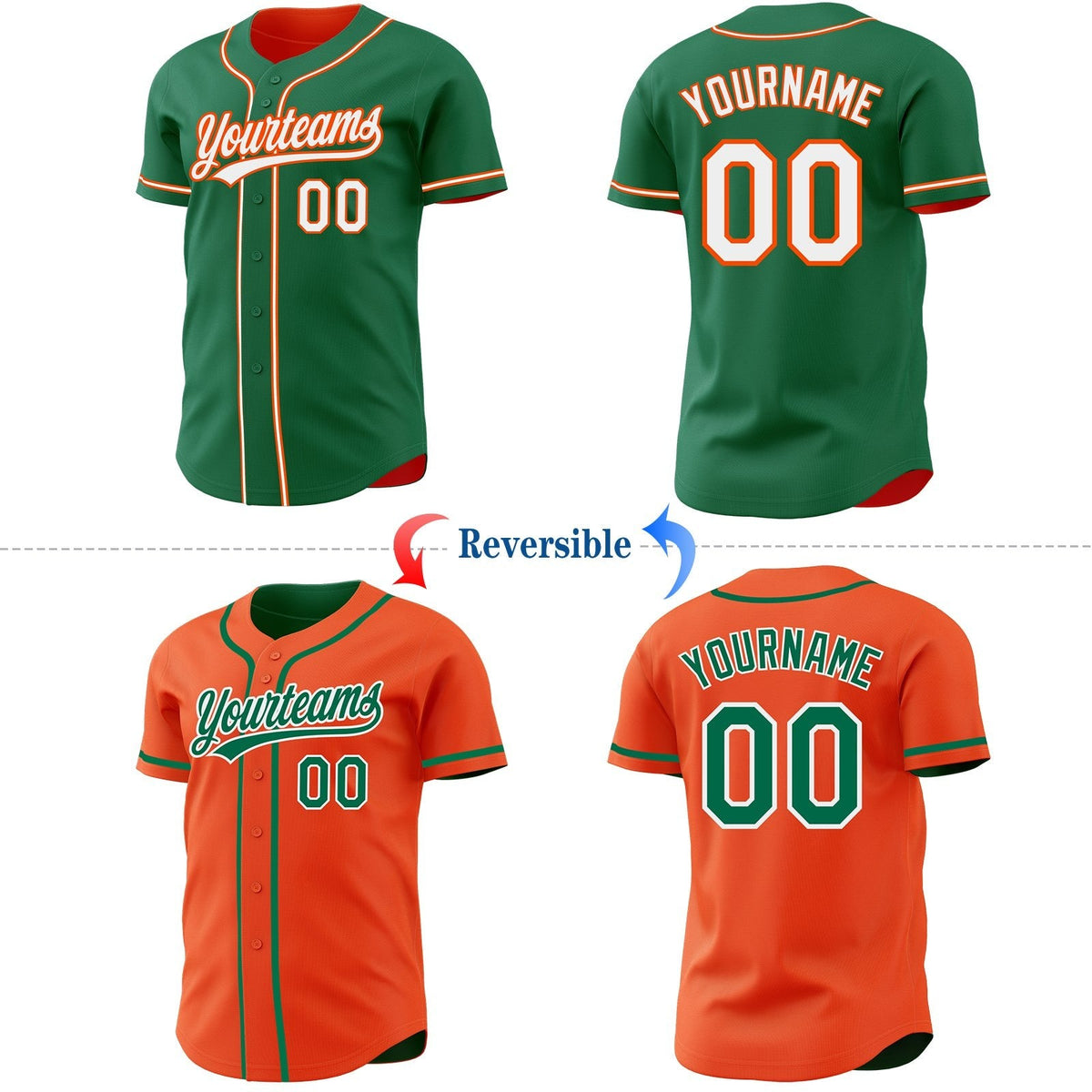 Custom Kelly Green White-Orange Reversible Button-Down Baseball Jersey photo 2