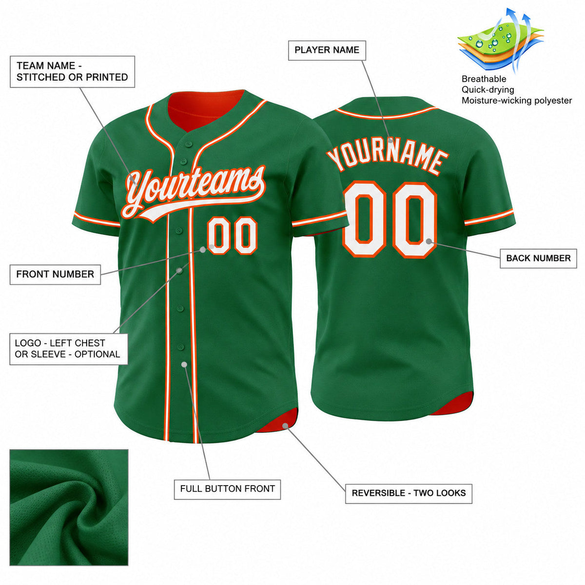Custom Kelly Green Button Down Reversible Baseball Jersey with White and Orange Lettering customization guide