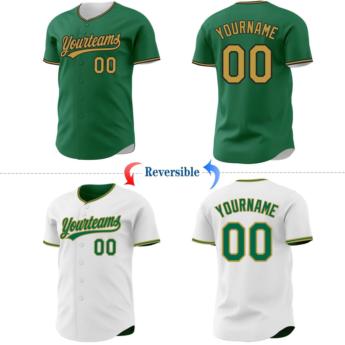 Custom Kelly Green Old Gold-Black Reversible Button-Down Baseball Jersey photo 2