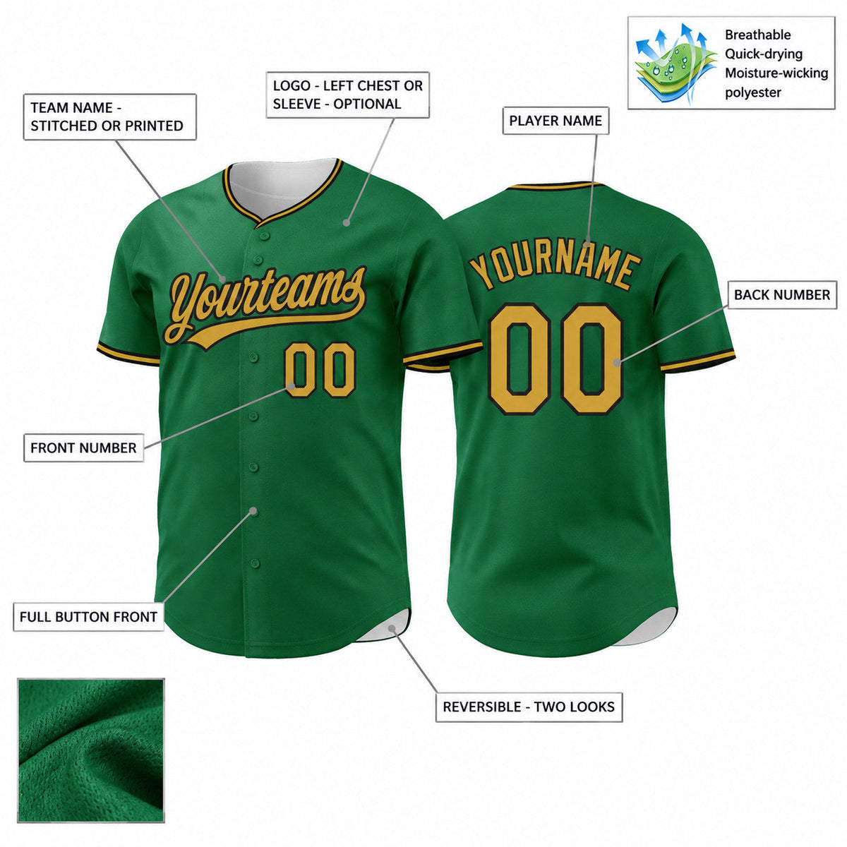 Custom Kelly Green Button Down Reversible Baseball Jersey with Old Gold and Black Lettering customization guide