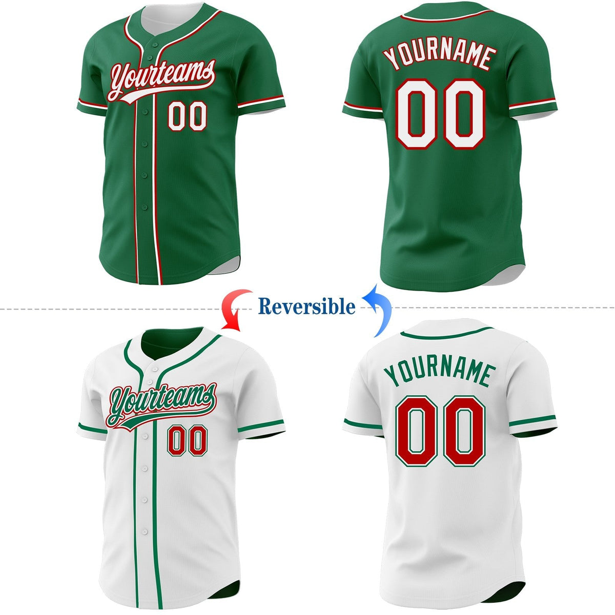 Custom Kelly Green White-Red Reversible Button-Down Baseball Jersey photo 2