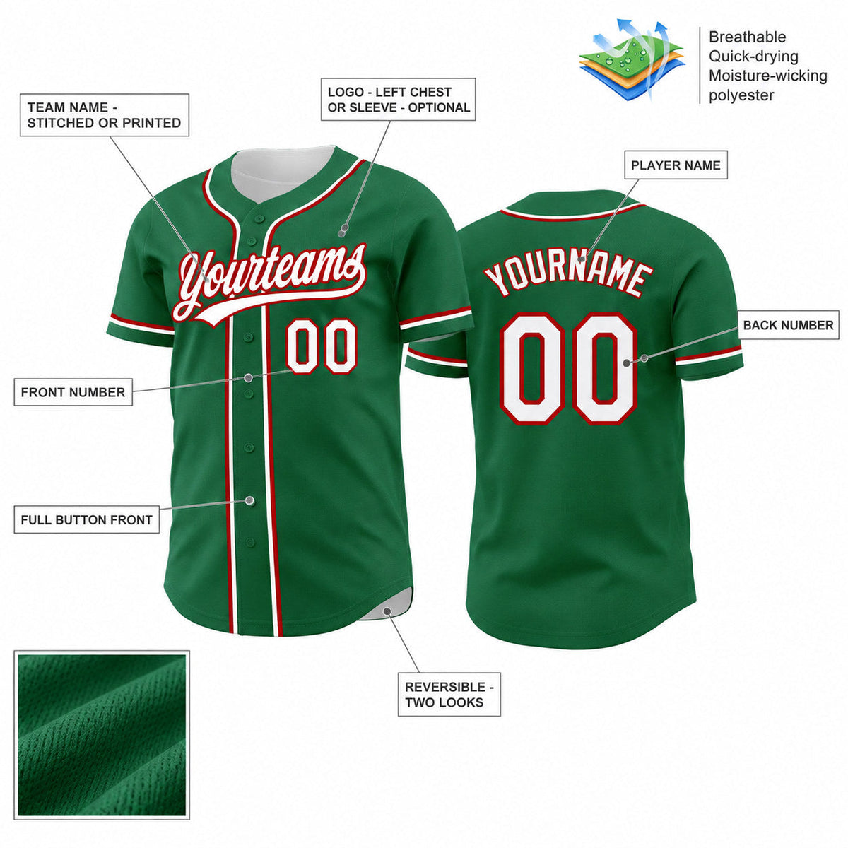 Custom Kelly Green Button Down Reversible Baseball Jersey with White and Red Lettering customization guide