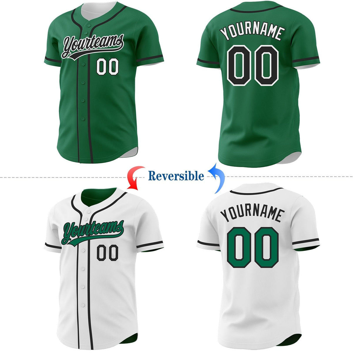 Custom Kelly Green Black-White Reversible Button-Down Baseball Jersey photo 2