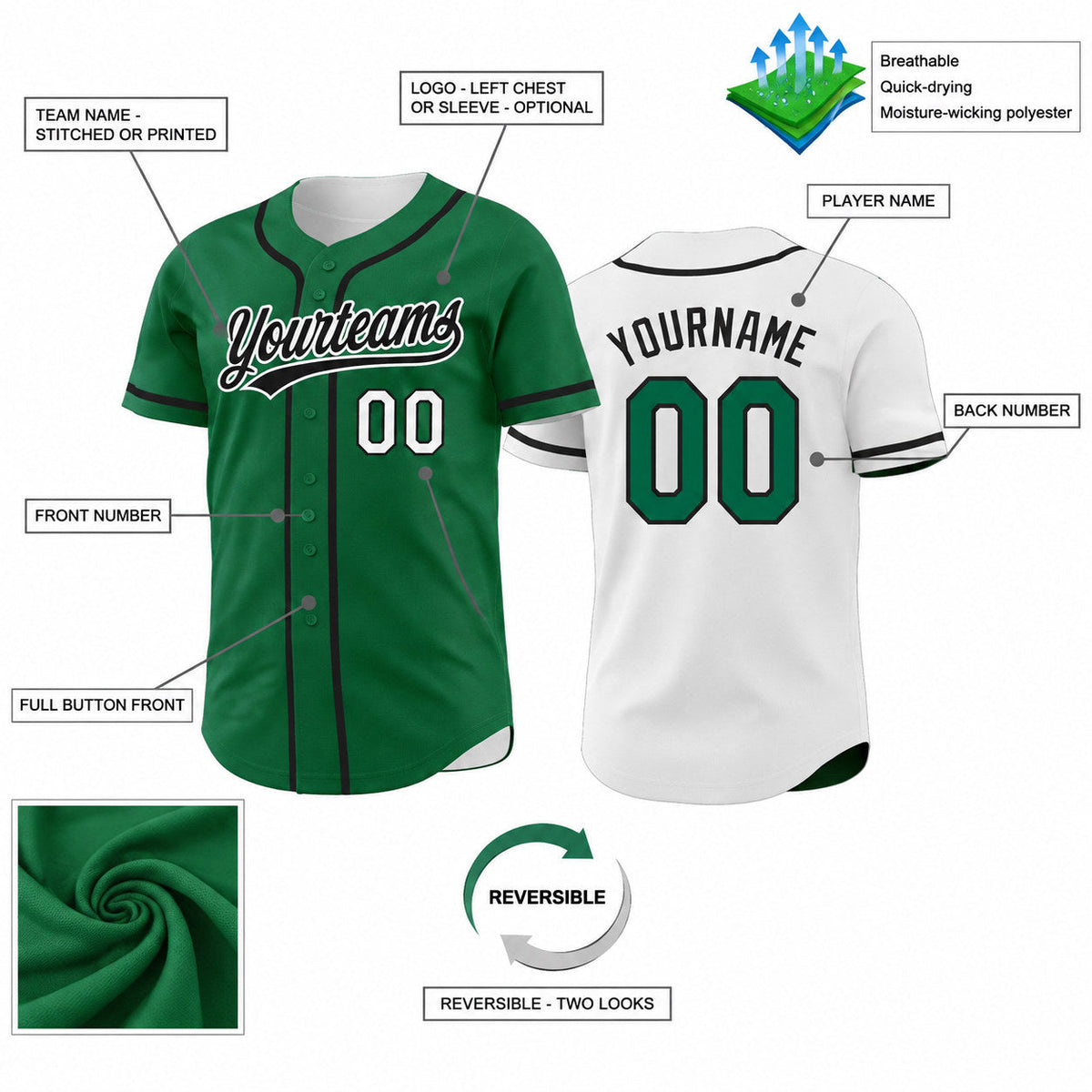 Custom Kelly Green Button Down Reversible Baseball Jersey with Black and White Lettering customization guide