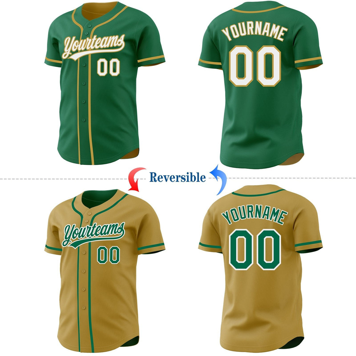 Custom Kelly Green White-Old Gold Reversible Button-Down Baseball Jersey photo 2