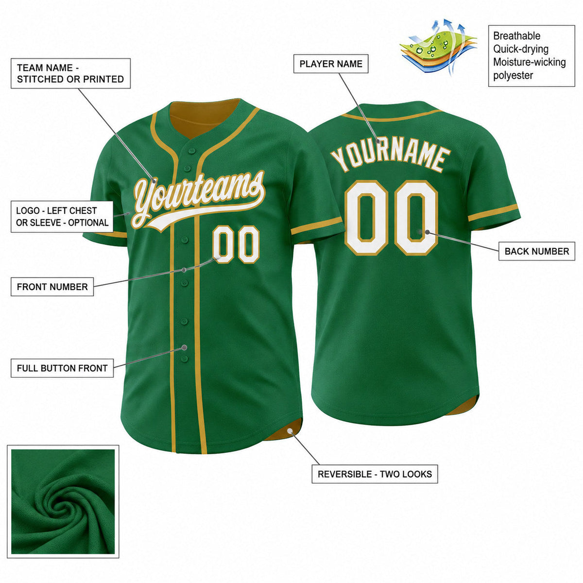 Custom Kelly Green Button Down Reversible Baseball Jersey with White and Old Gold Lettering customization guide