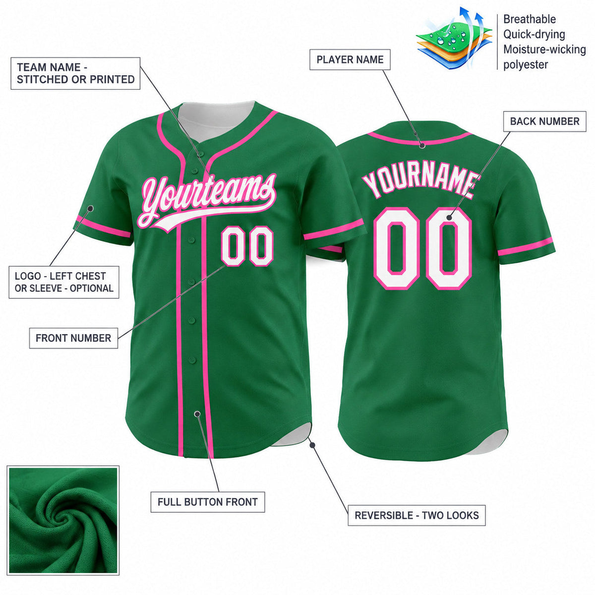 Custom Kelly Green Button Down Reversible Baseball Jersey with White and Pink Lettering customization guide