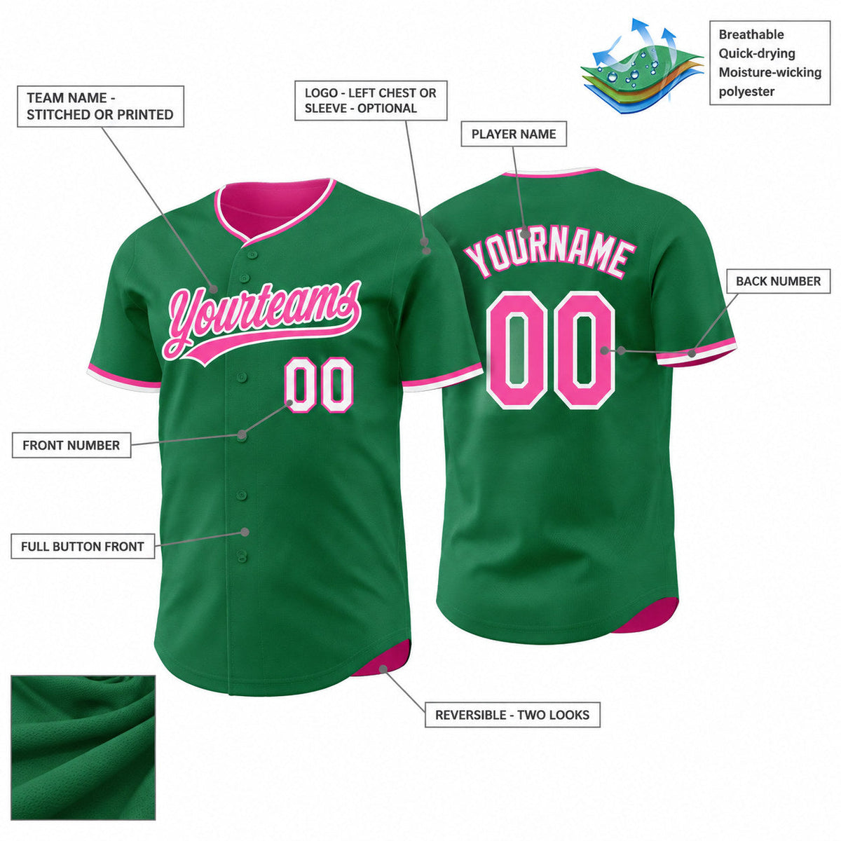 Custom Kelly Green Button Down Reversible Baseball Jersey with Pink and White Lettering customization guide