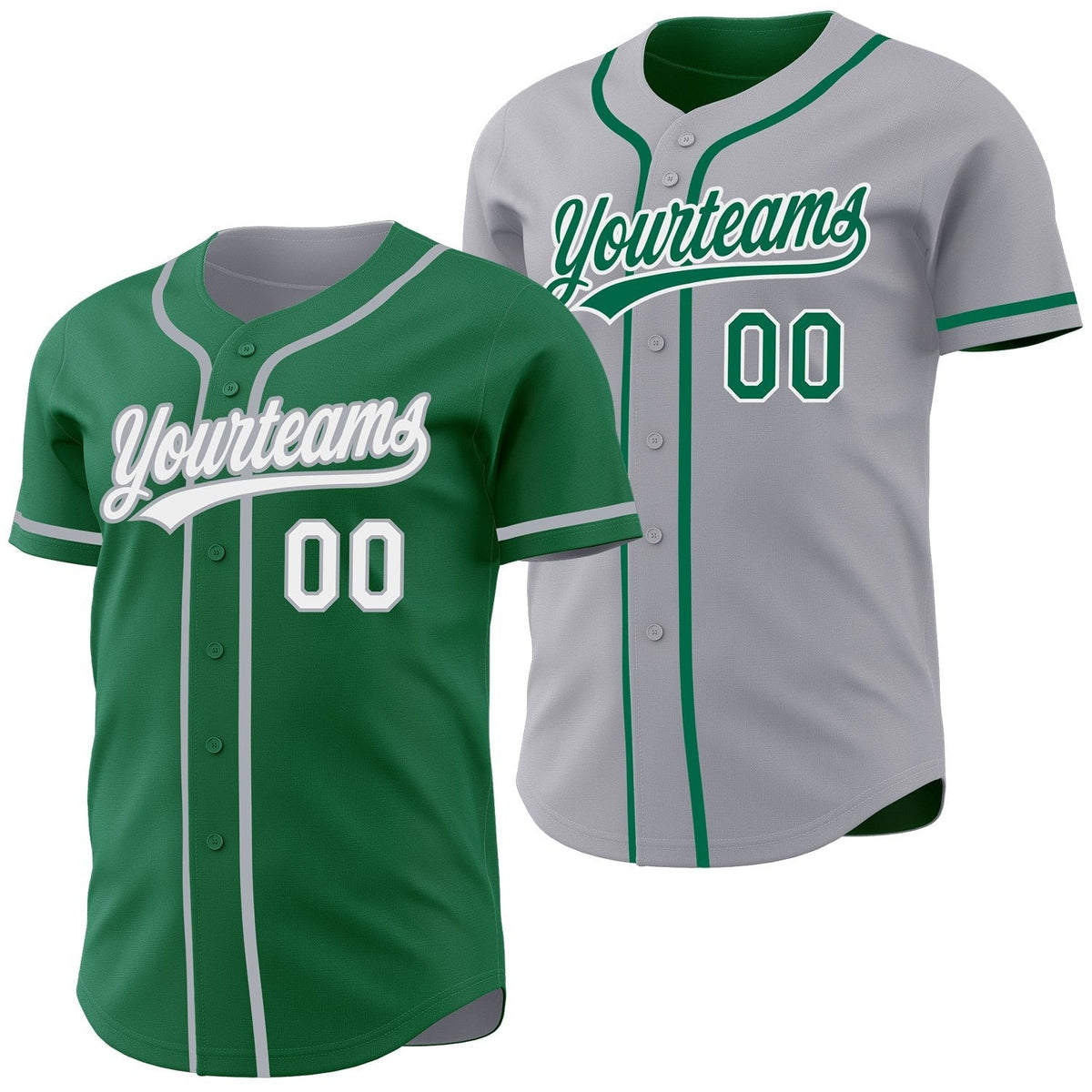 Custom Kelly Green White-Gray Reversible Button-Down Baseball Jersey