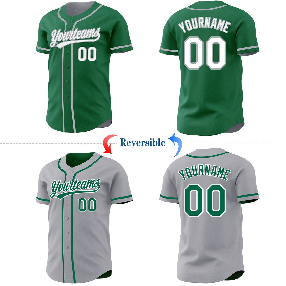 Custom Kelly Green White-Gray Reversible Button-Down Baseball Jersey photo 2