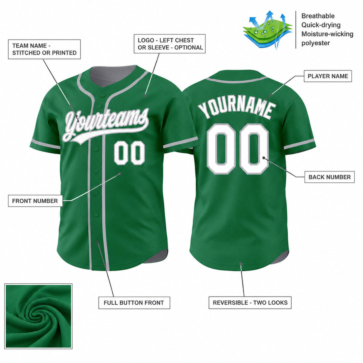 Custom Kelly Green Button Down Reversible Baseball Jersey with White and Gray Lettering customization guide