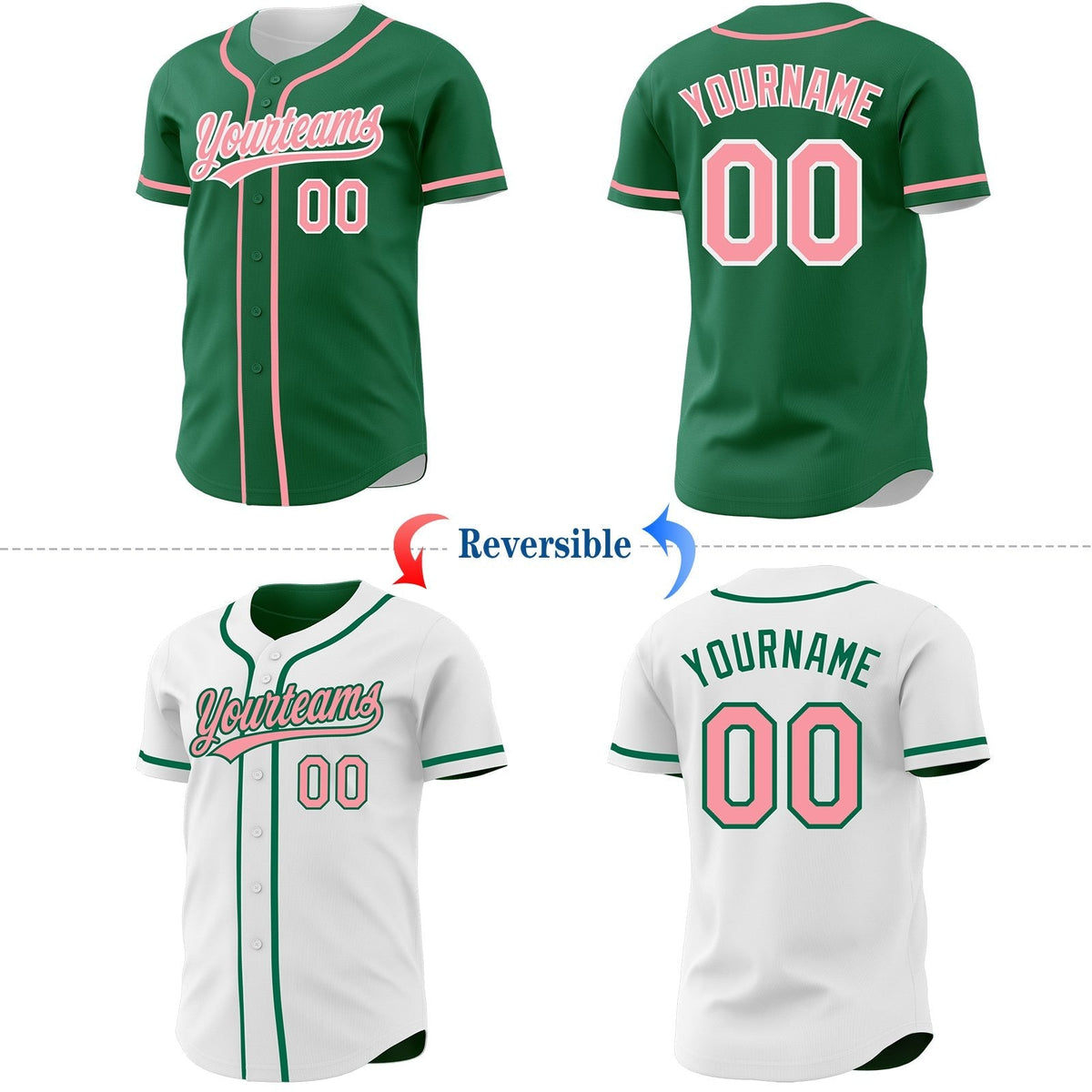 Custom Kelly Green Medium Pink-White Reversible Button-Down Baseball Jersey photo 2