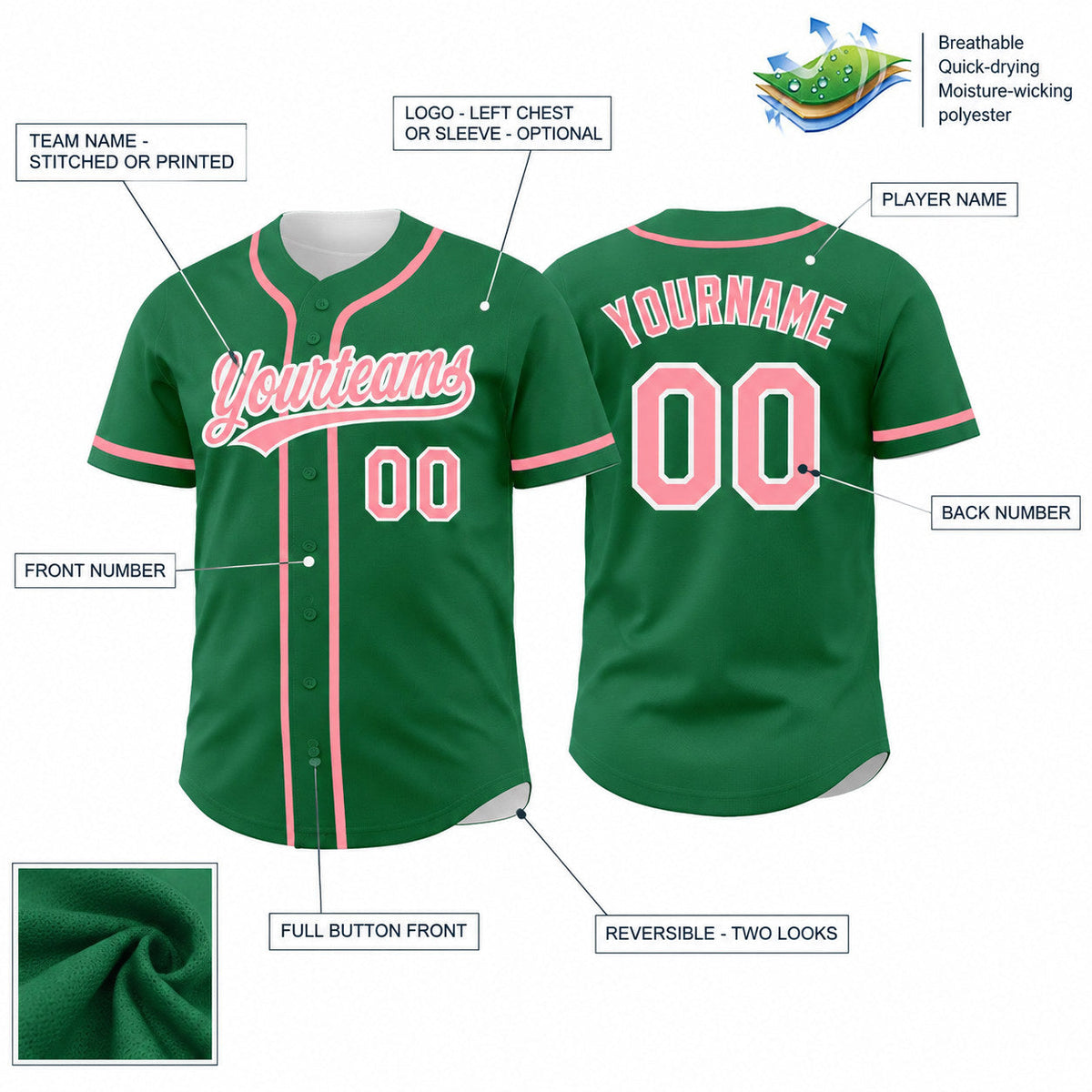 Custom Kelly Green Button Down Reversible Baseball Jersey with Medium Pink and White Lettering customization guide